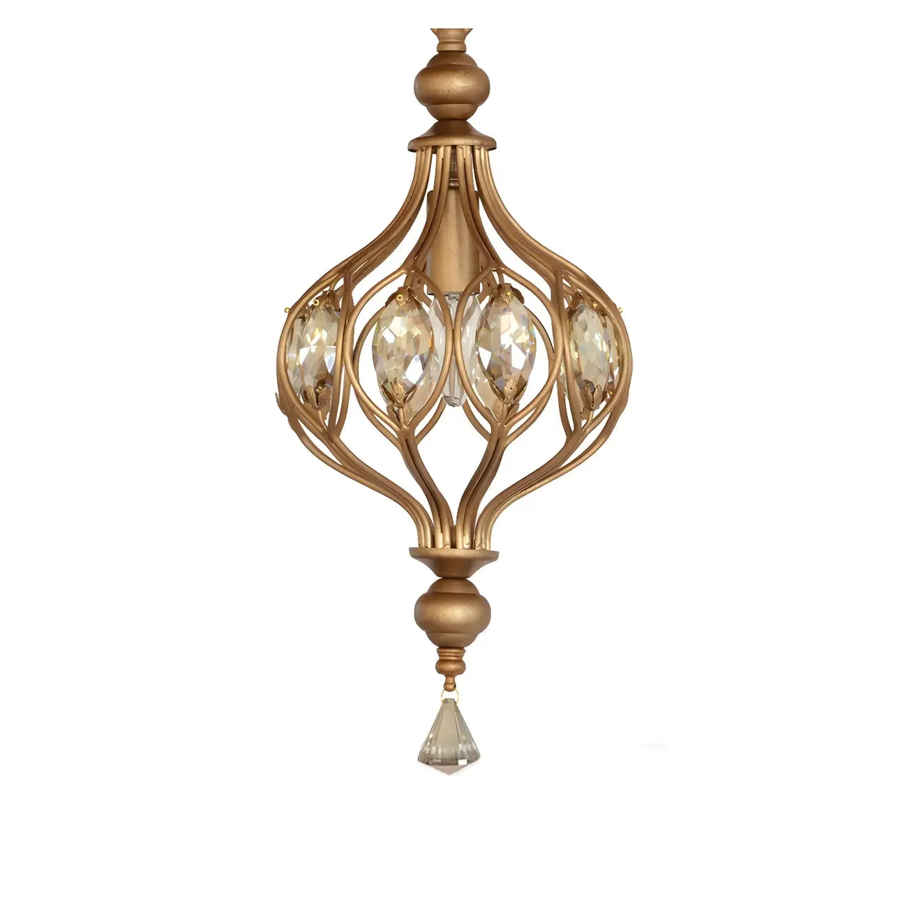 Suspension lumineuse dorée en cristal avec globe en cage pour couloir
