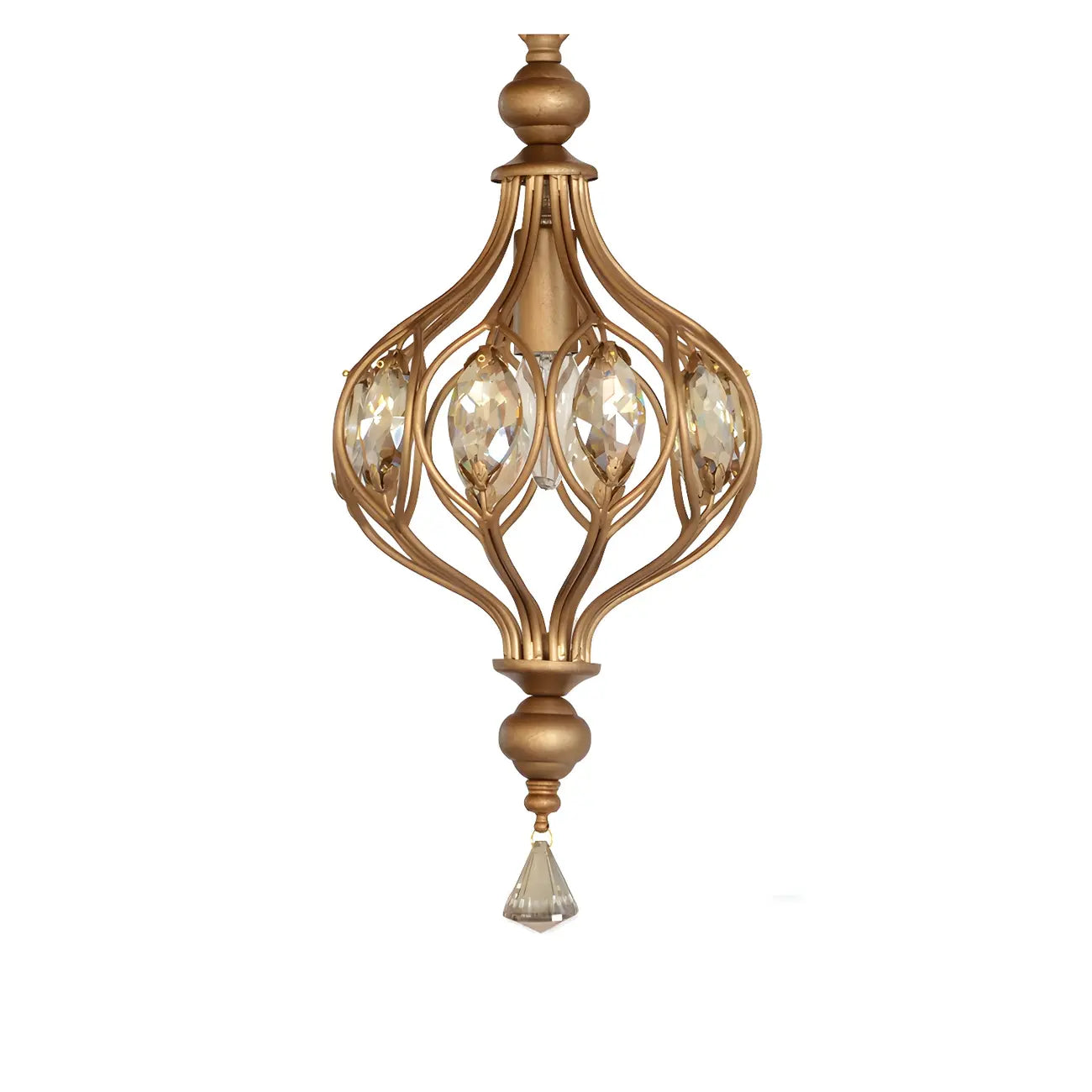 Suspension lumineuse dorée en cristal avec globe en cage pour couloir