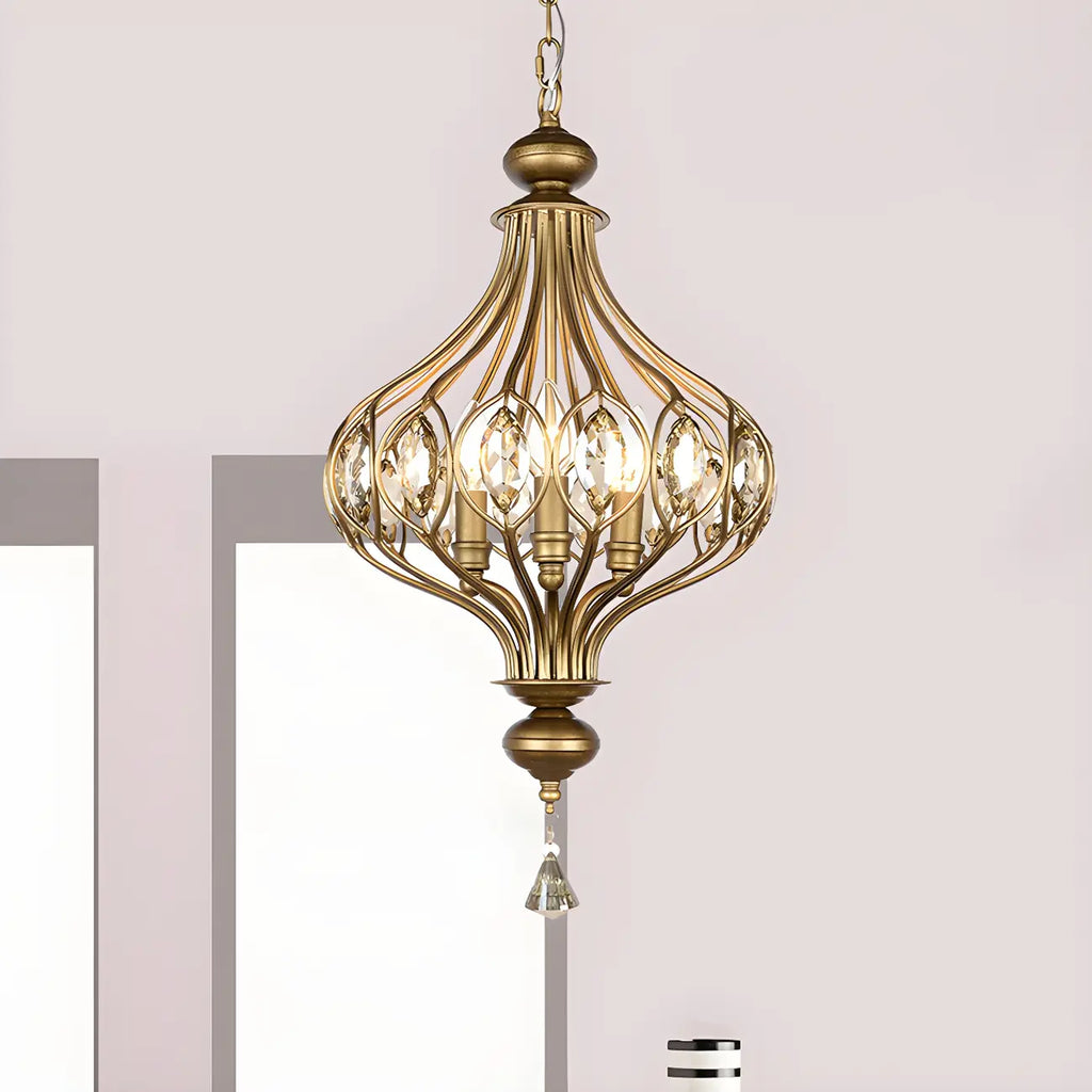 Suspension lumineuse dorée en cristal avec globe en cage pour couloir