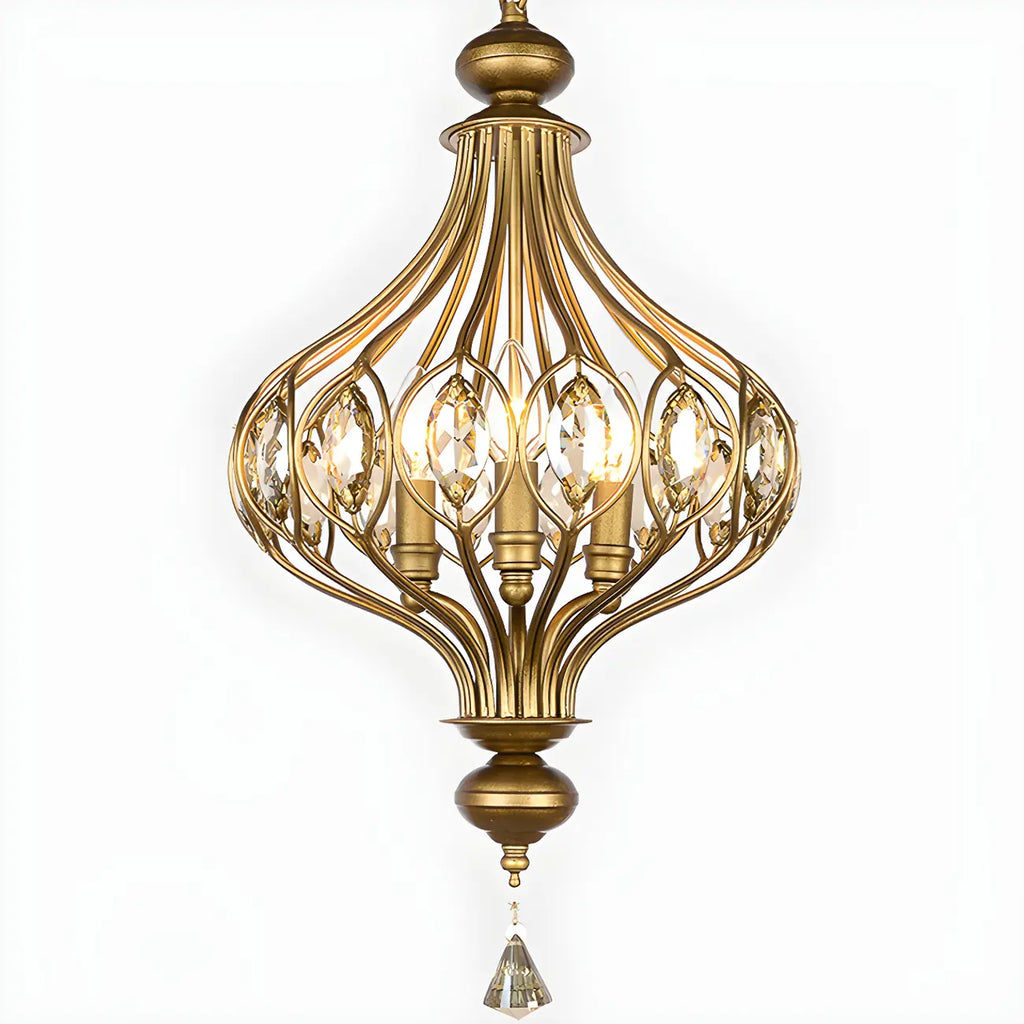 Suspension lumineuse dorée en cristal avec globe en cage pour couloir