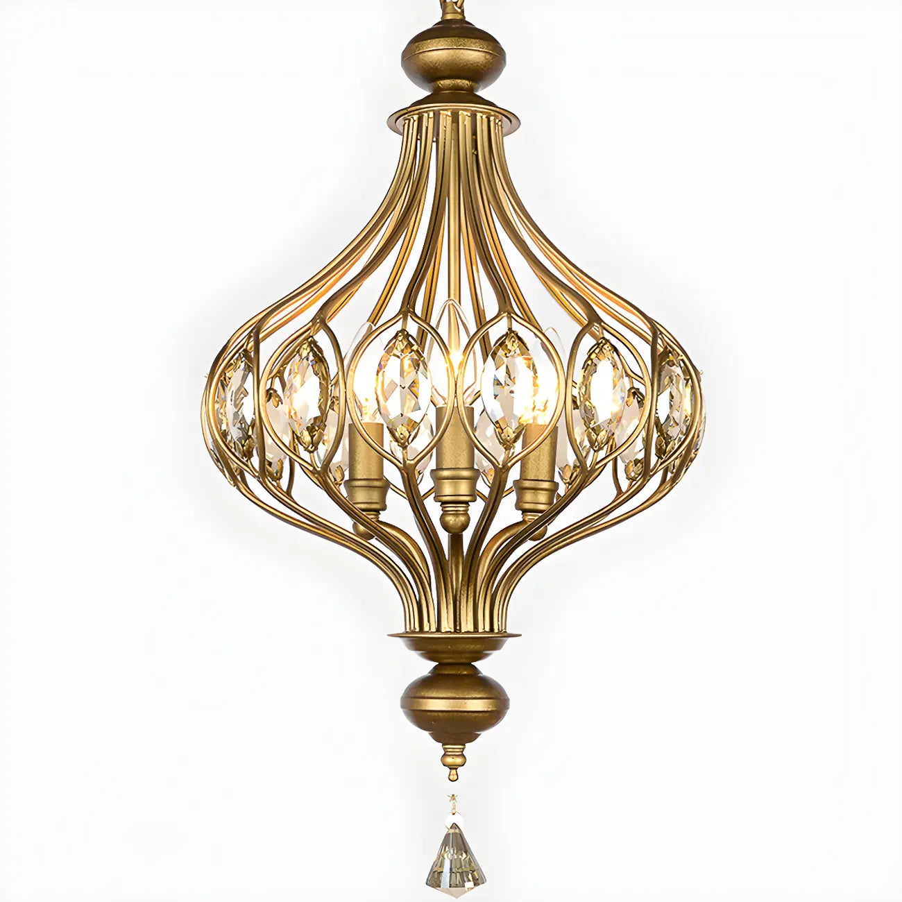 Suspension lumineuse dorée en cristal avec globe en cage pour couloir