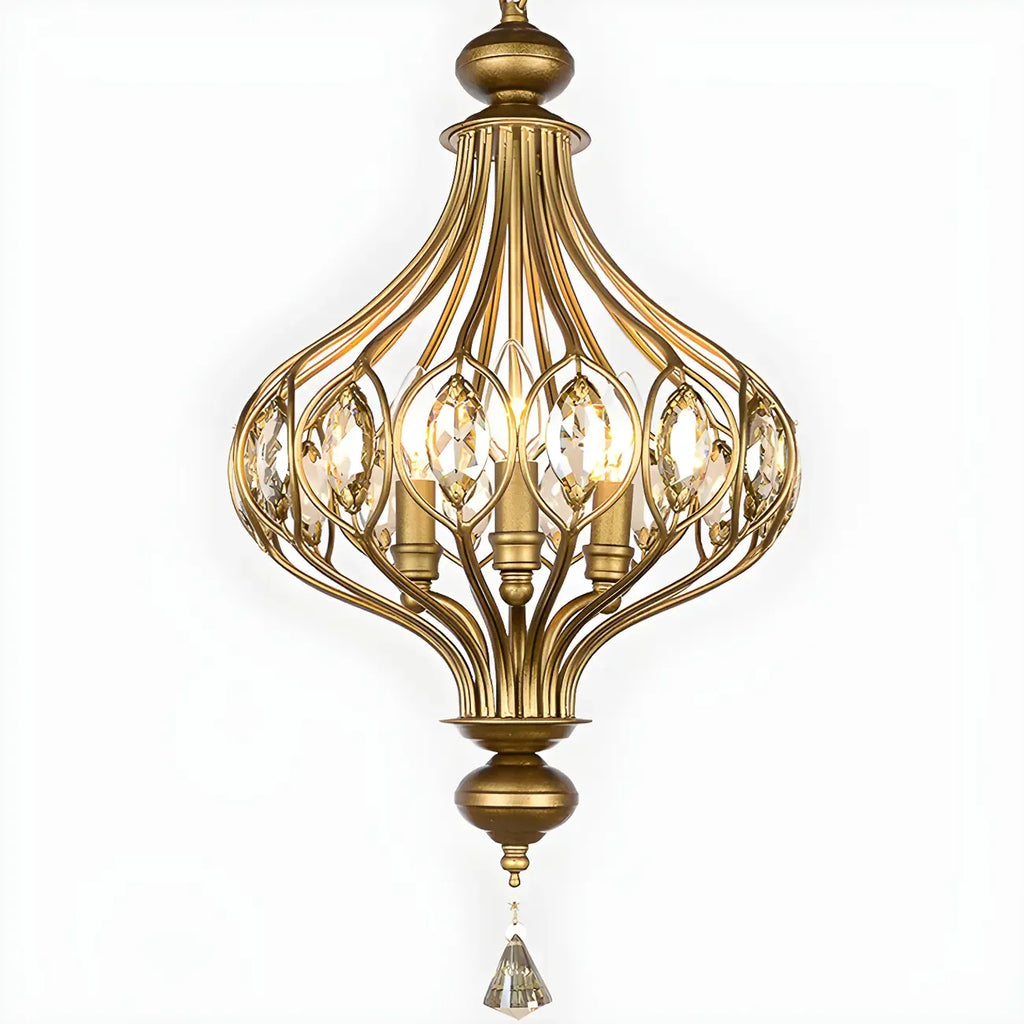 Suspension lumineuse dorée en cristal avec globe en cage pour couloir