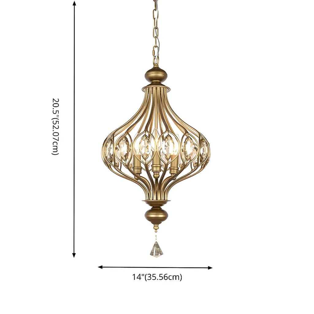 Suspension lumineuse dorée en cristal avec globe en cage pour couloir