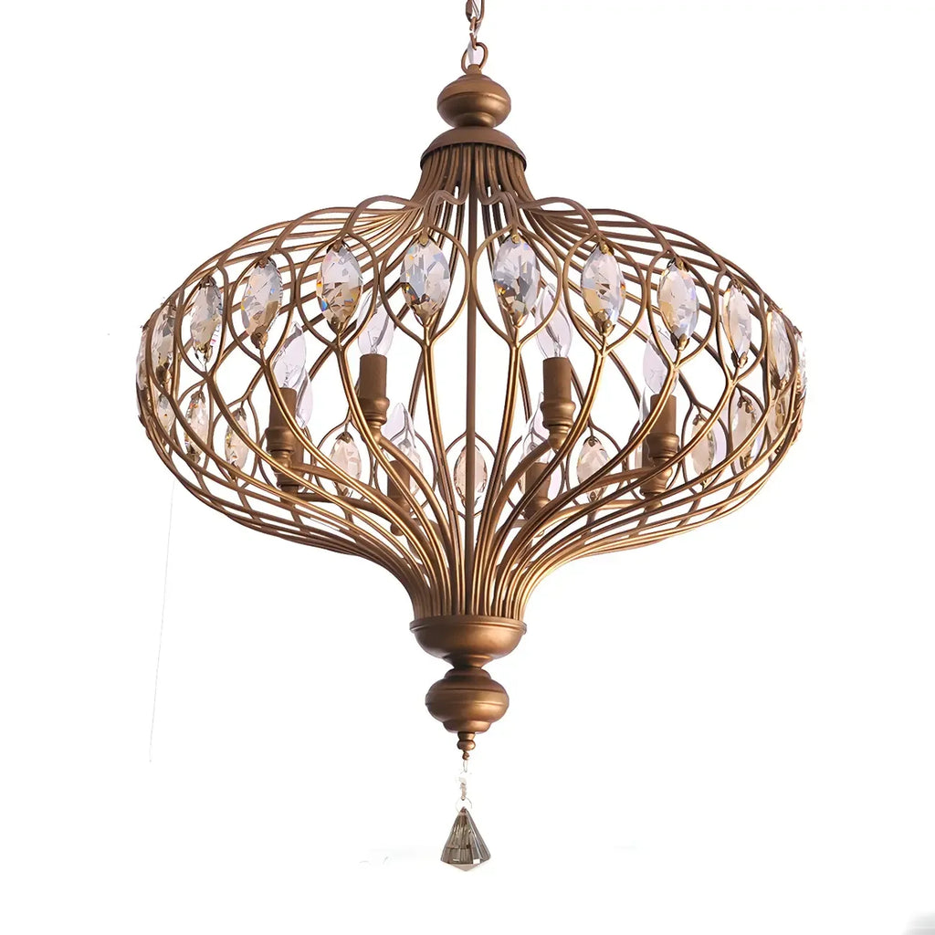 Suspension lumineuse dorée en cristal avec globe en cage pour couloir