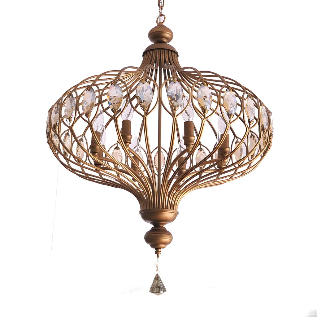 Suspension lumineuse dorée en cristal avec globe en cage pour couloir