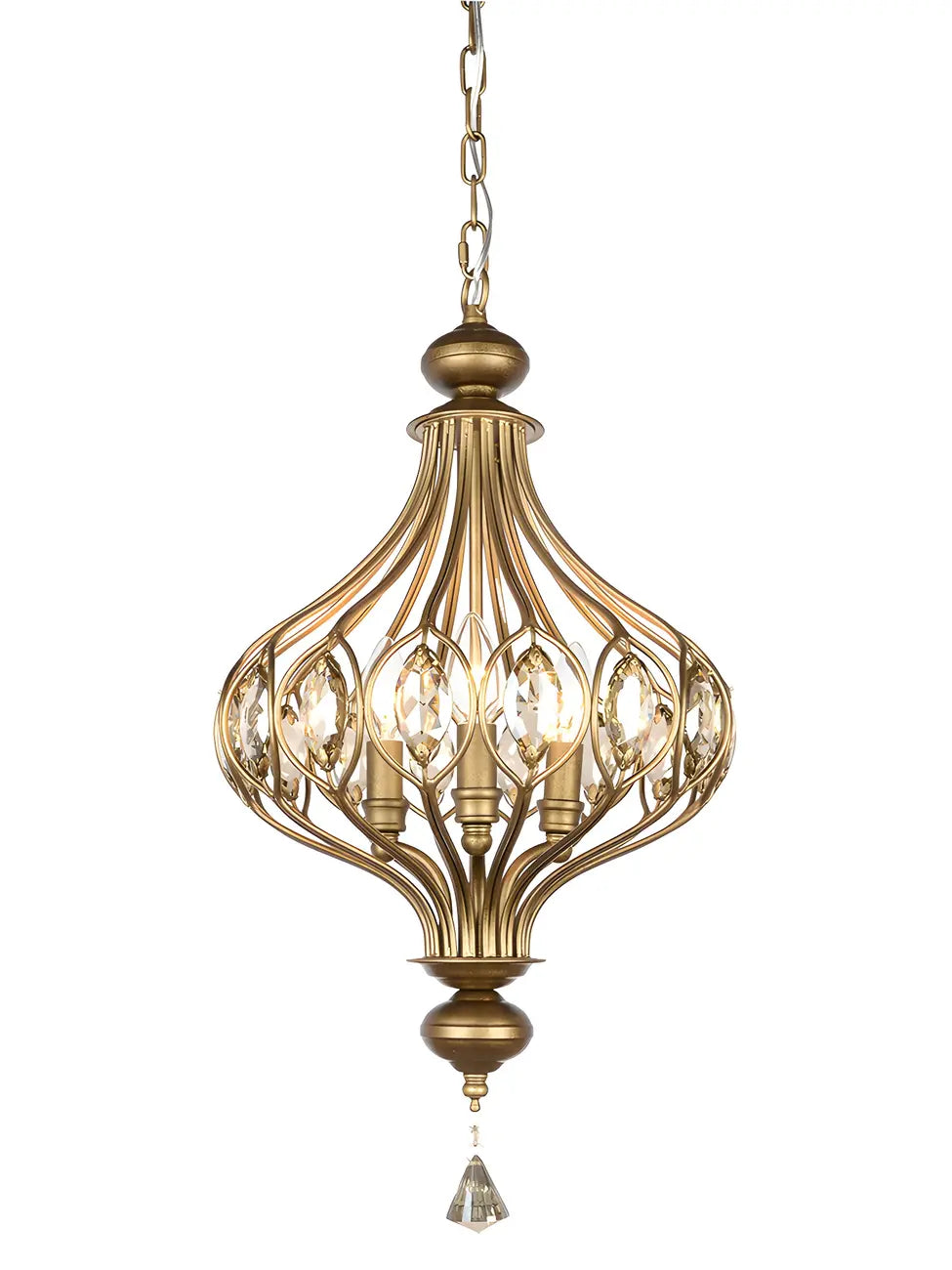 Suspension lumineuse dorée en cristal avec globe en cage pour couloir