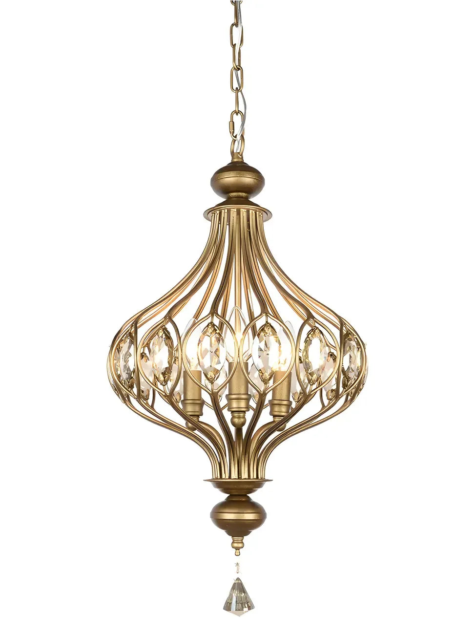 Suspension lumineuse dorée en cristal avec globe en cage pour couloir