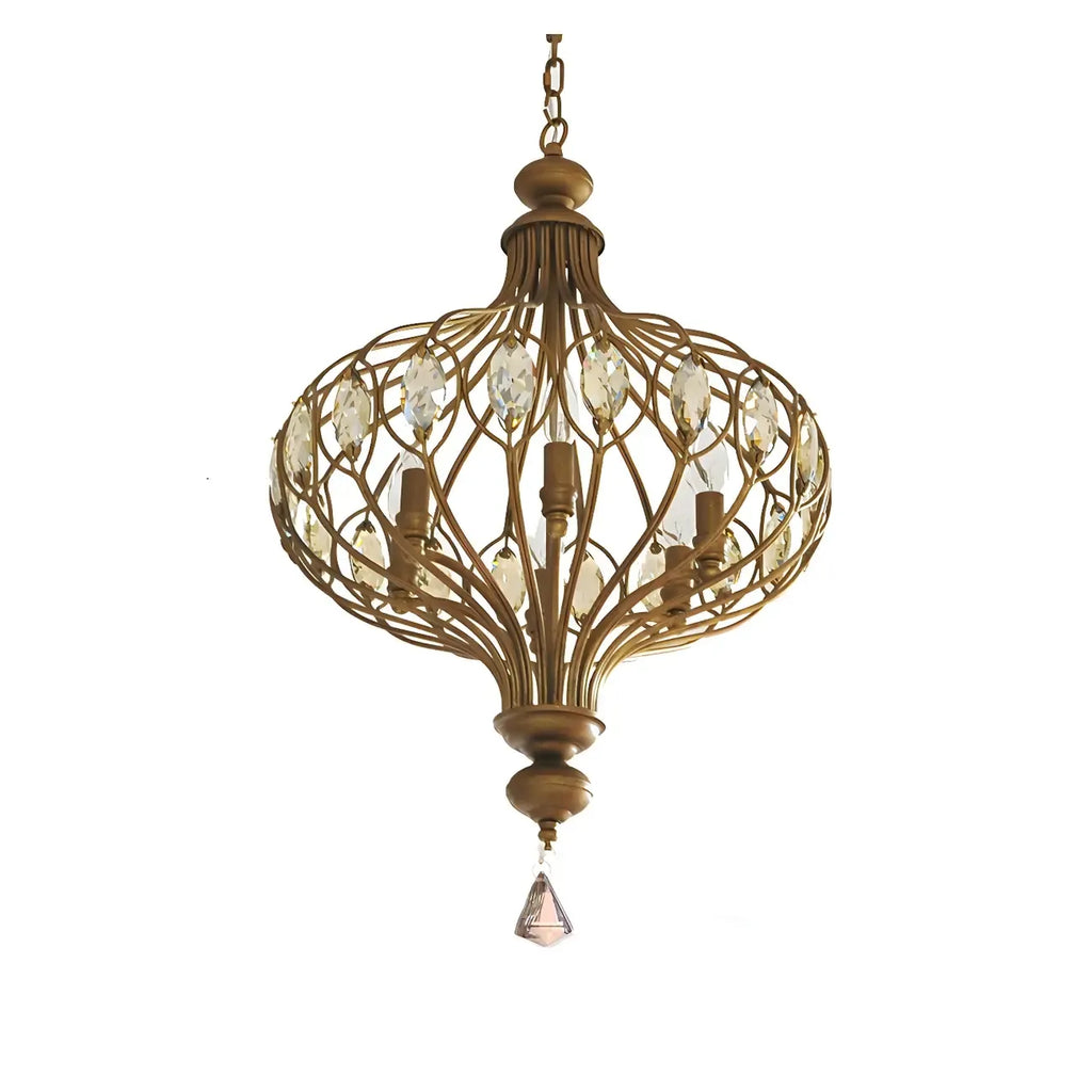 Suspension lumineuse dorée en cristal avec globe en cage pour couloir