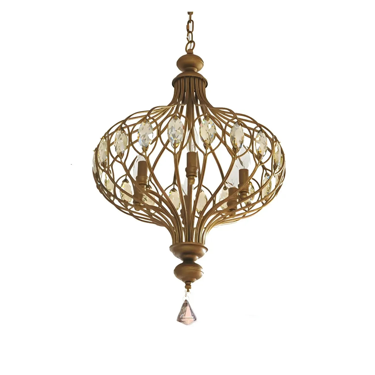 Suspension lumineuse dorée en cristal avec globe en cage pour couloir