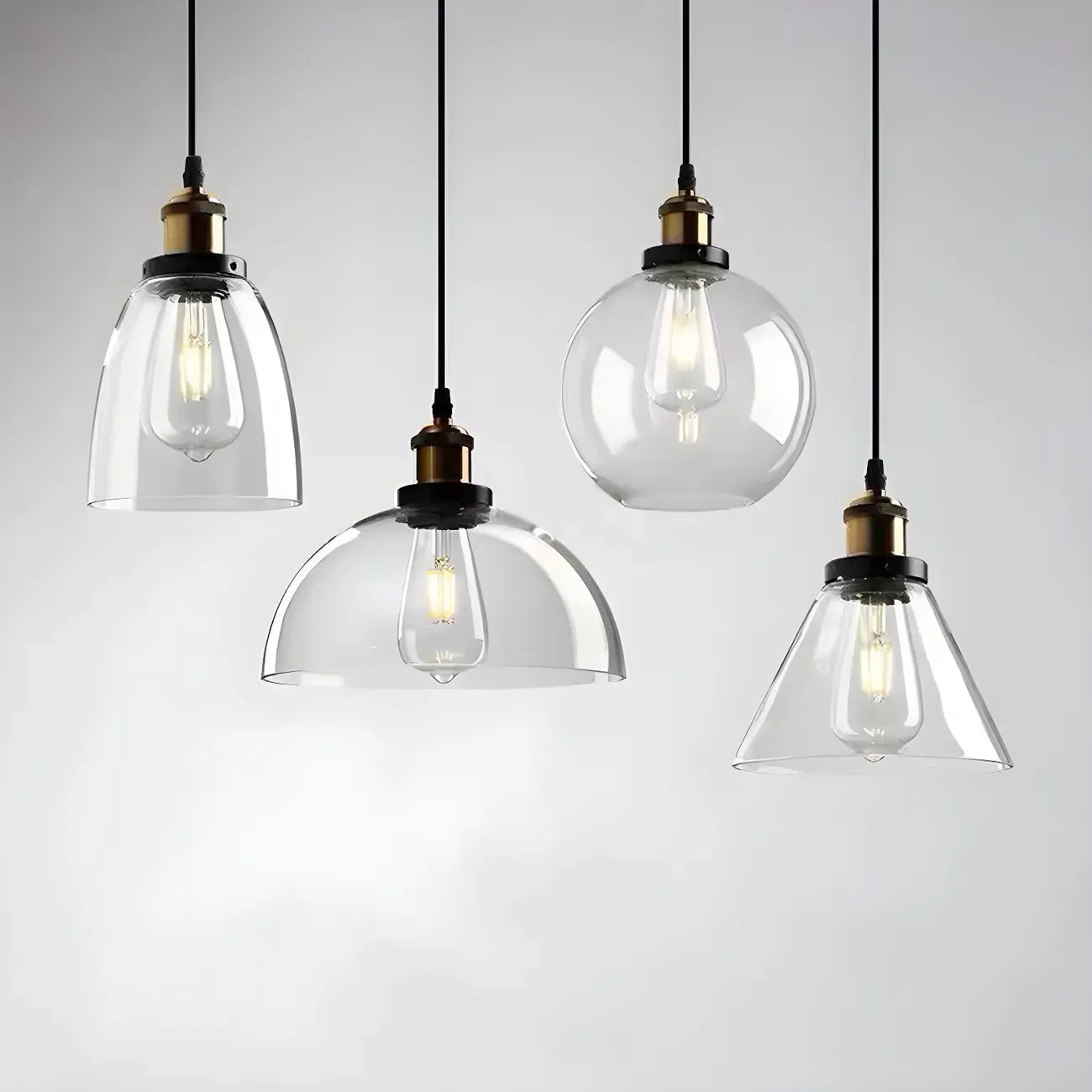 Suspension industrielle géométrique en verre transparent à une lumière pour cuisine