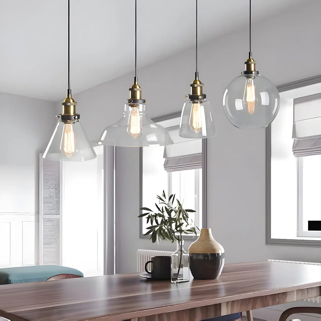 Suspension industrielle géométrique en verre transparent à une lumière pour cuisine