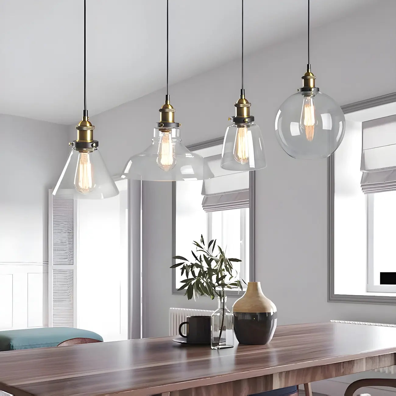 Suspension industrielle géométrique en verre transparent à une lumière pour cuisine
