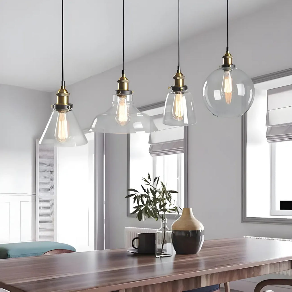 Suspension industrielle géométrique en verre transparent à une lumière pour cuisine