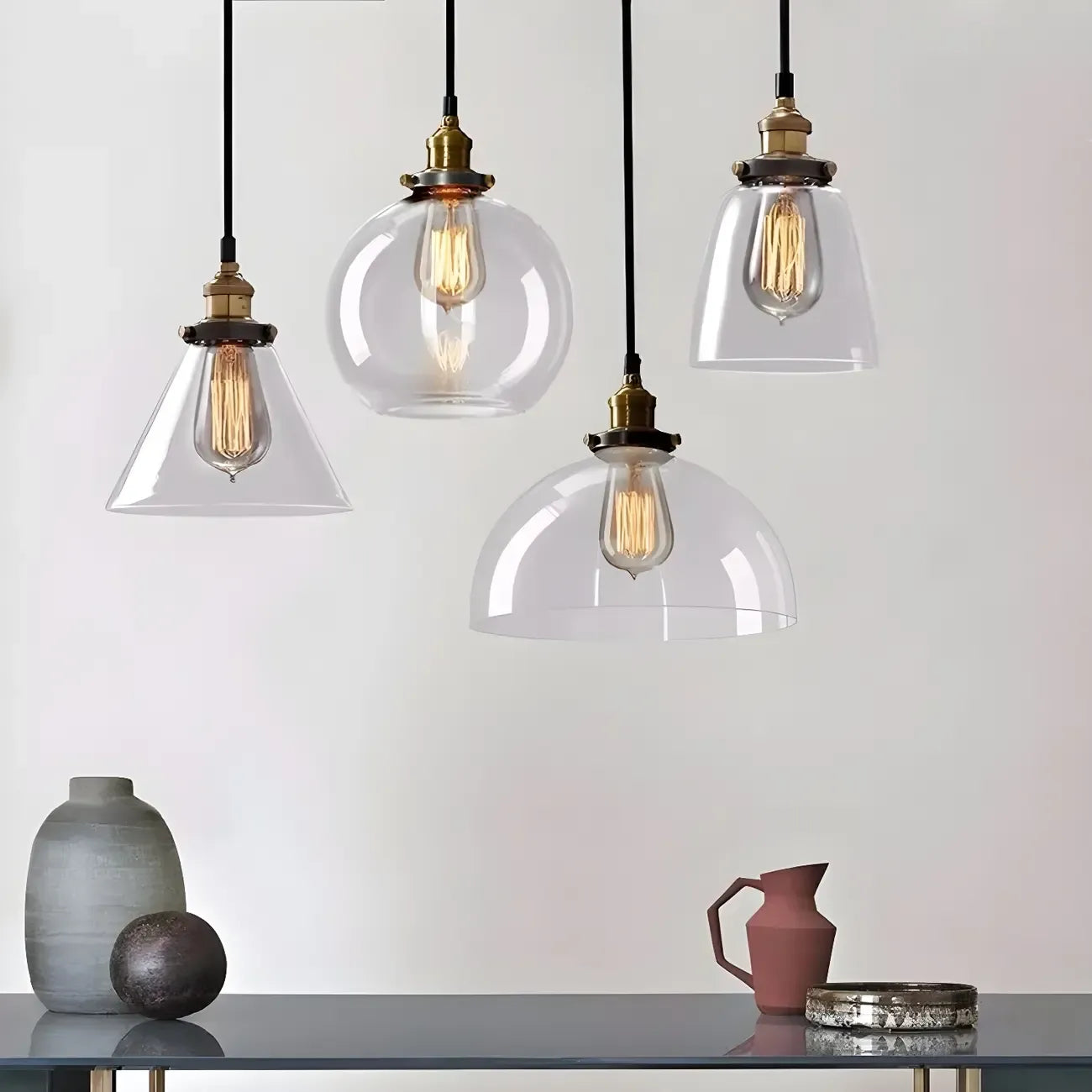 Suspension industrielle géométrique en verre transparent à une lumière pour cuisine