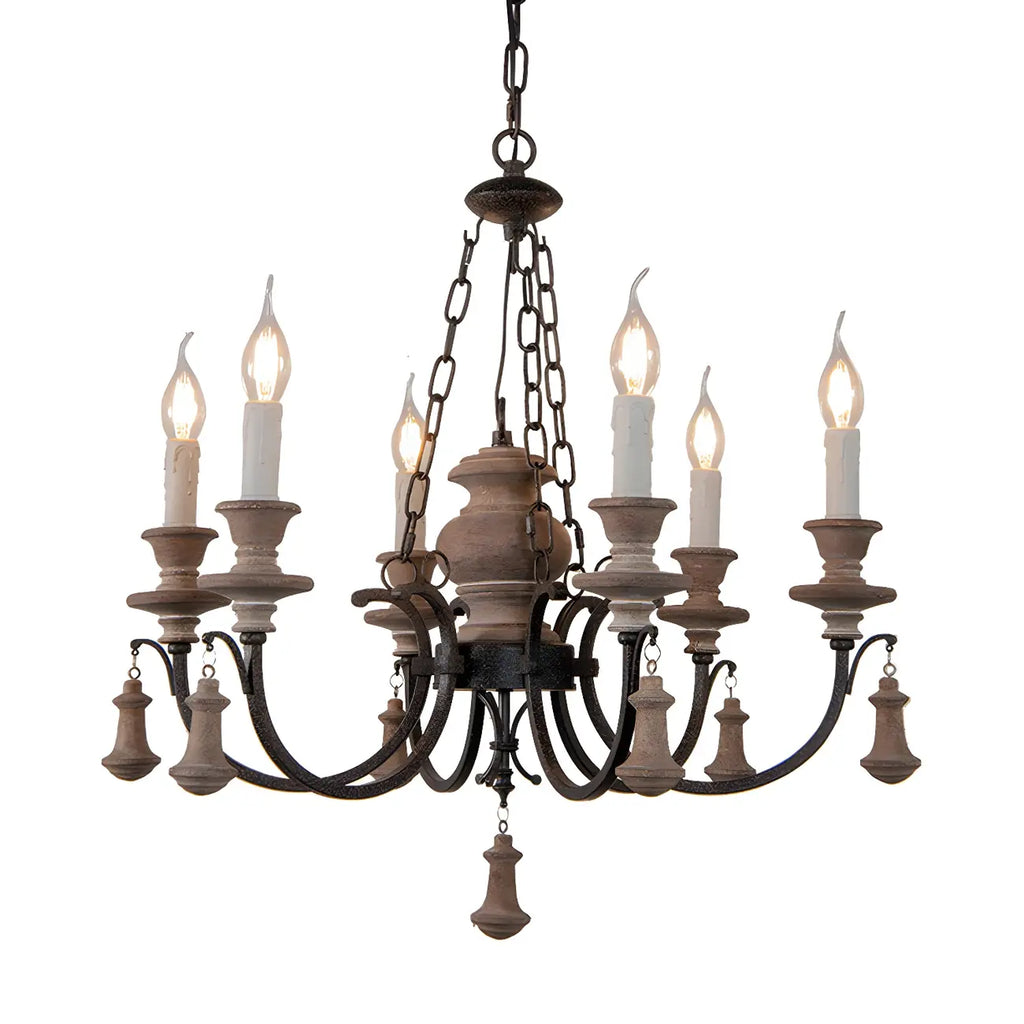 Lustre rustique de style campagnard en bois brun à 6 lumières, de type candélabre.