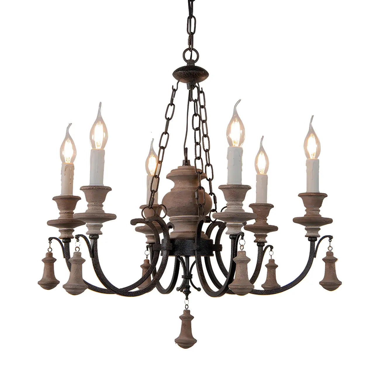 Lustre rustique de style campagnard en bois brun à 6 lumières, de type candélabre.