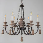 Lustre rustique de style campagnard en bois brun à 6 lumières, de type candélabre.
