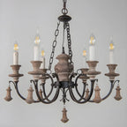 Lustre rustique de style campagnard en bois brun à 6 lumières, de type candélabre.