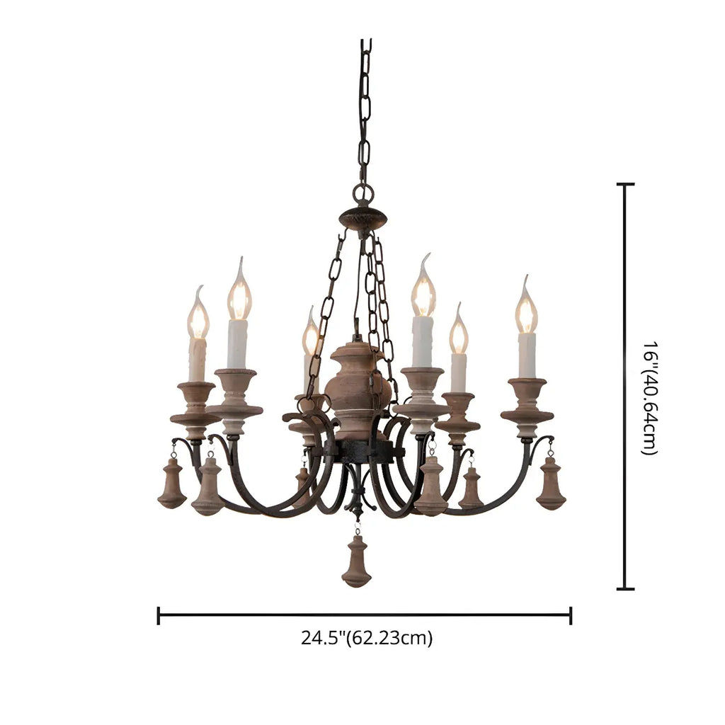 Lustre rustique de style campagnard en bois brun à 6 lumières, de type candélabre.