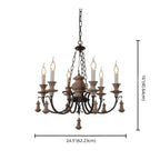 Lustre rustique de style campagnard en bois brun à 6 lumières, de type candélabre.