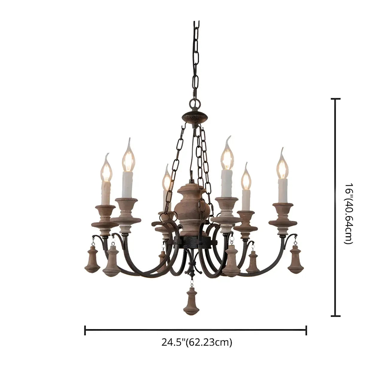 Lustre rustique de style campagnard en bois brun à 6 lumières, de type candélabre.