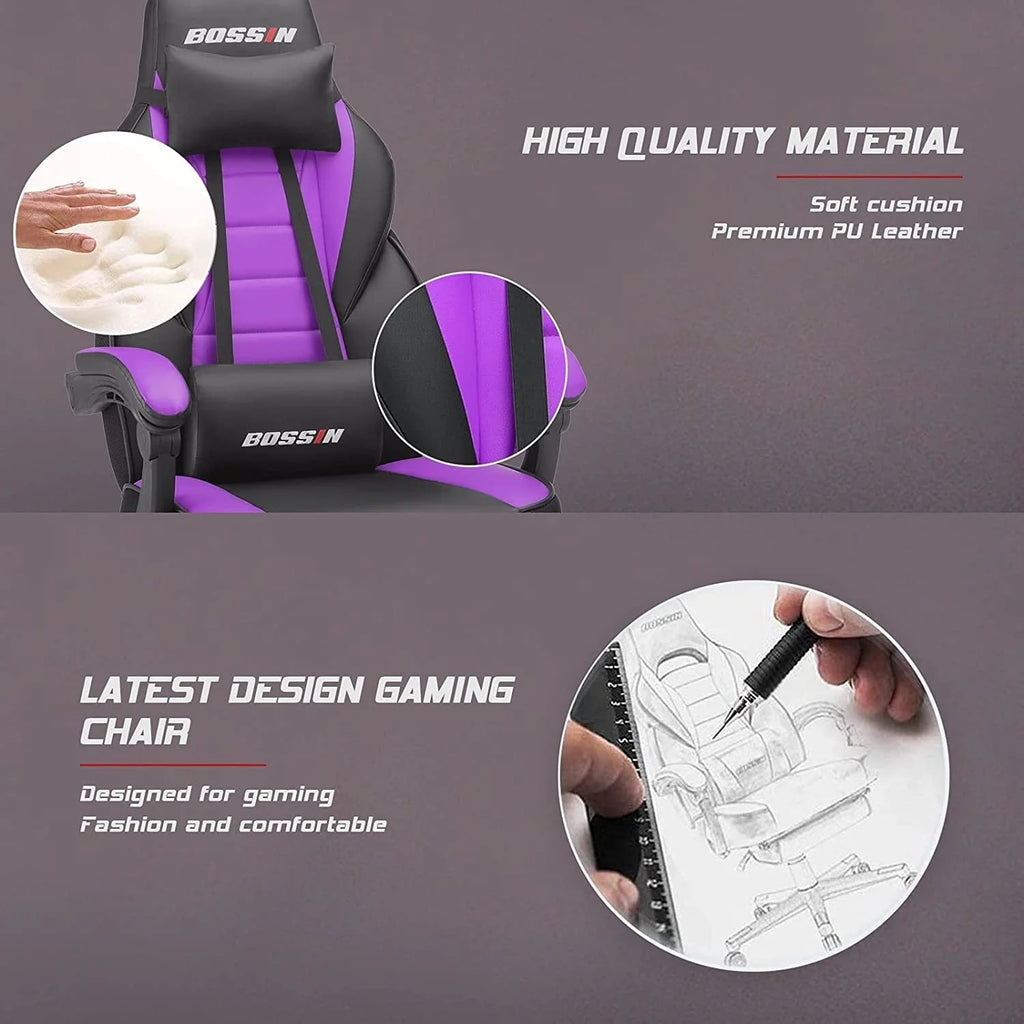 Chaise de jeu BOSSIN style racing, chaise de jeu grande taille supportant jusqu'à 136 kg (300 lbs), dossier haut, chaise d'ordinateur