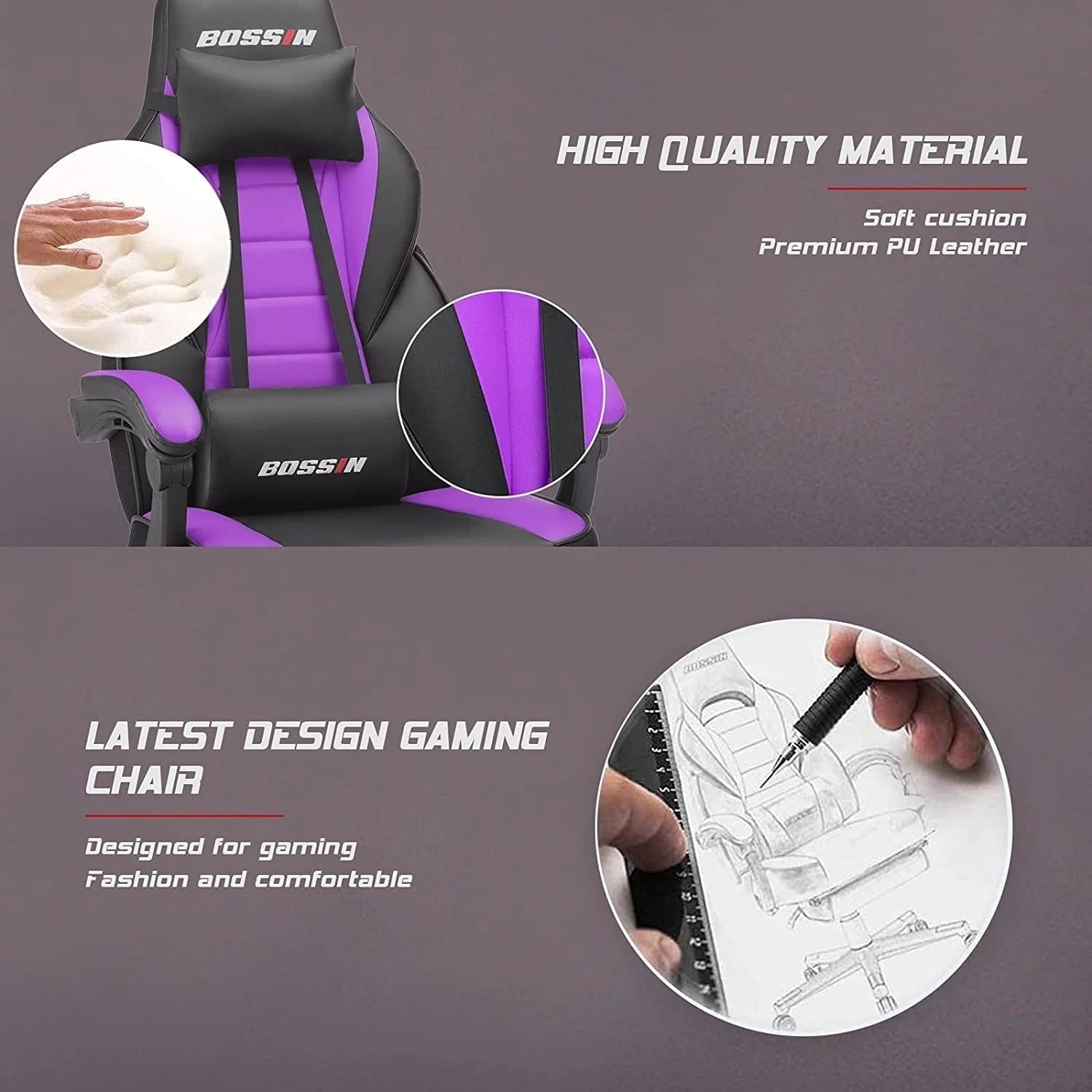 Chaise de jeu BOSSIN style racing, chaise de jeu grande taille supportant jusqu'à 136 kg (300 lbs), dossier haut, chaise d'ordinateur