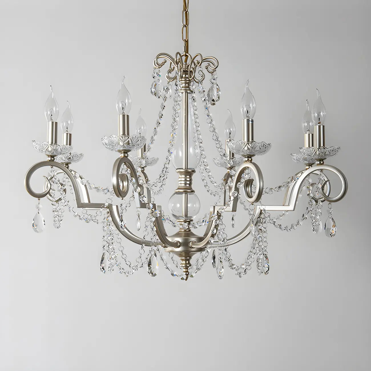 Lampadario a candelabro in cristallo argentato regolabile
