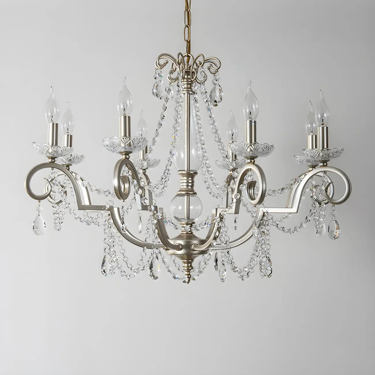 Lampadario a candelabro in cristallo argentato regolabile