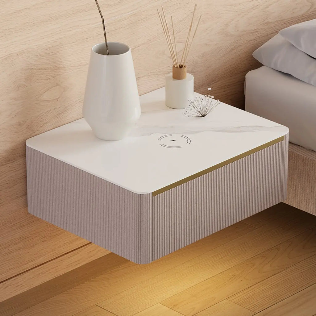 Table de chevet suspendue moderne en bois et pierre avec tiroir