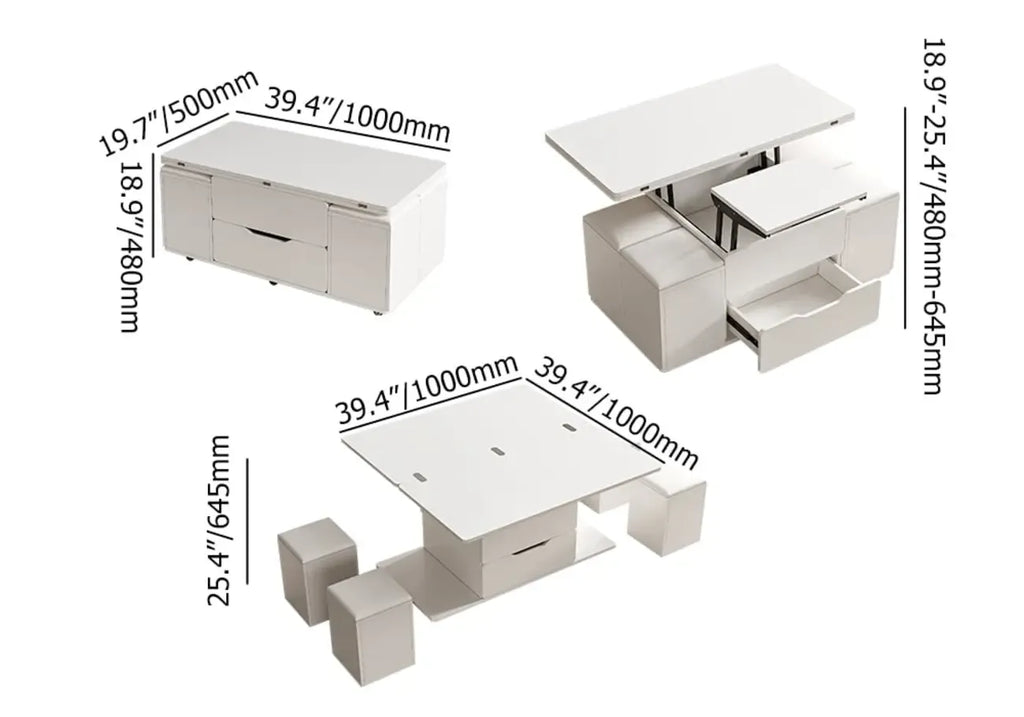 Table basse pliable à plateau relevable avec 4 tabourets et rangement