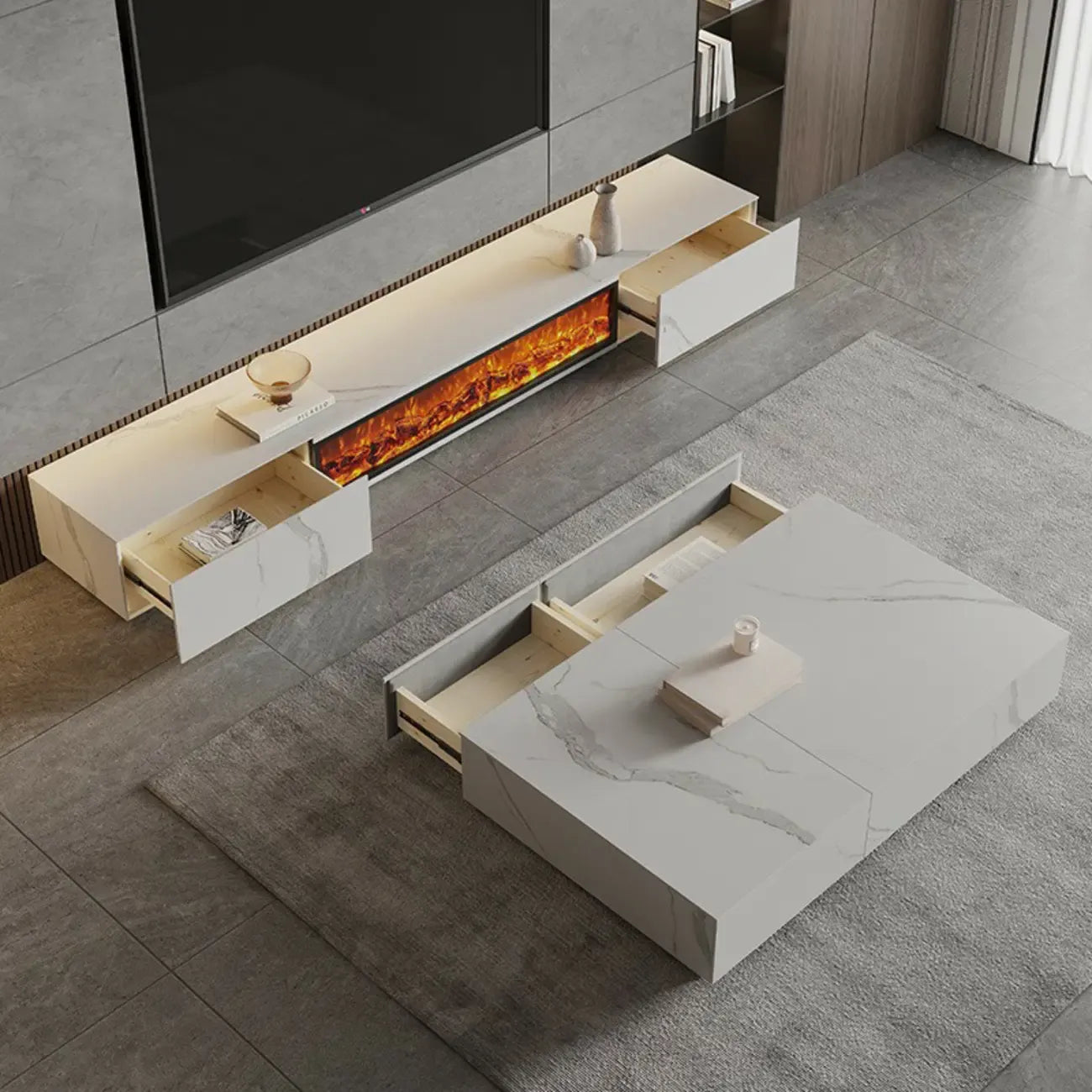 Mobile TV con caminetto elettrico 87 rettangolare nero in pietra con luce