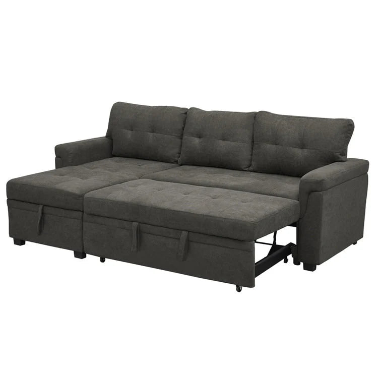 Canapé d'angle convertible et réversible avec lit gigogne, méridienne de rangement dissimulée et pieds robustes.
