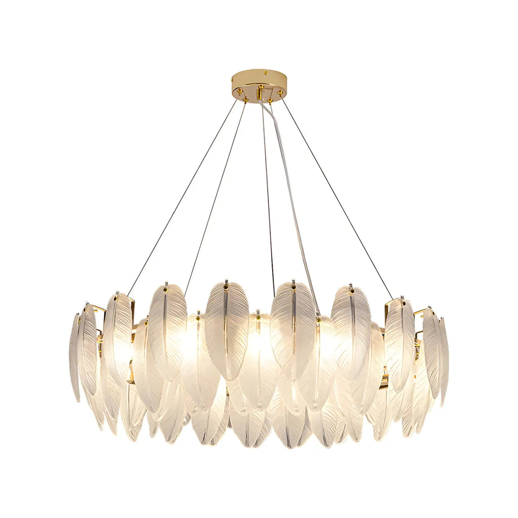 Lustre rond élégant en verre blanc et plumes