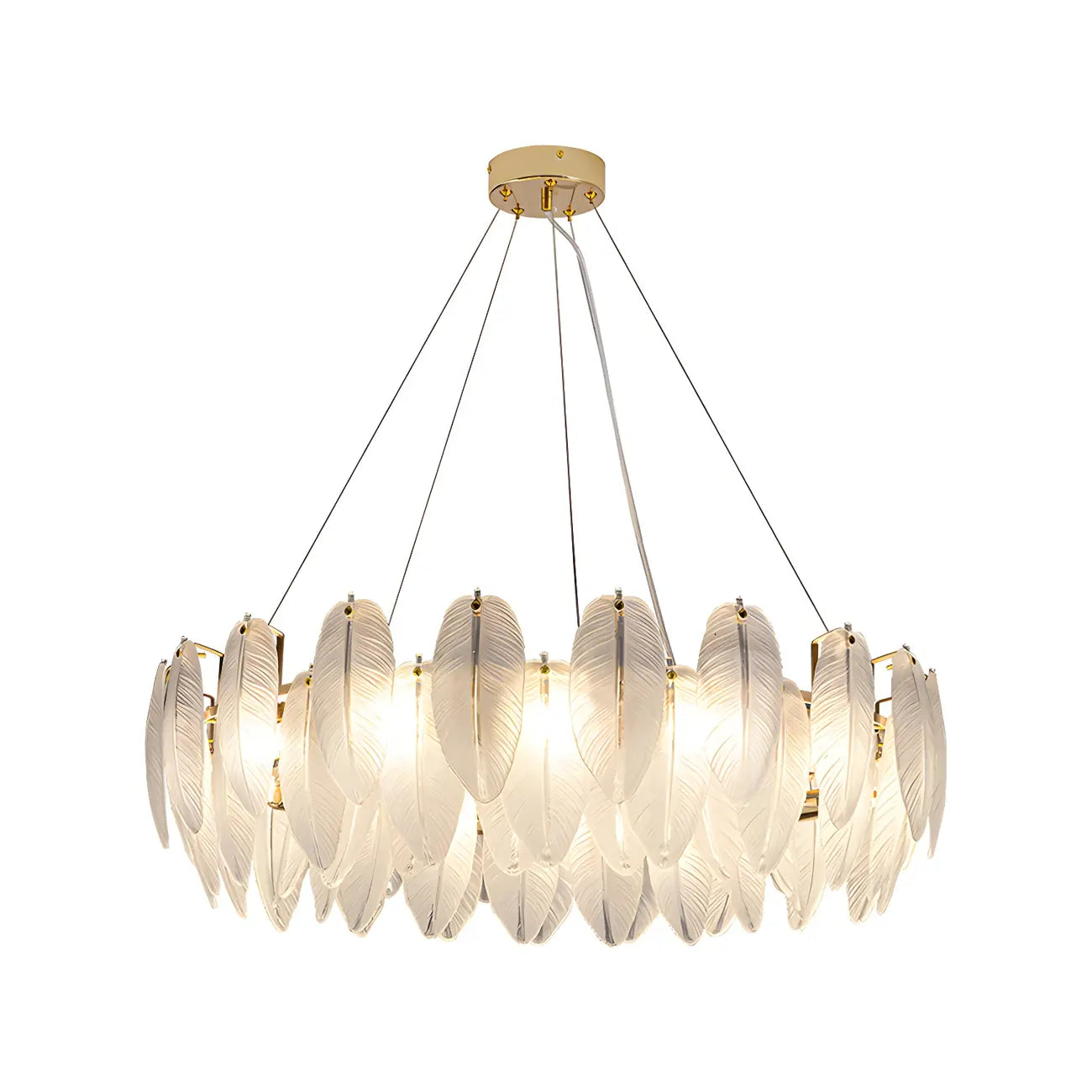 Lustre rond élégant en verre blanc et plumes