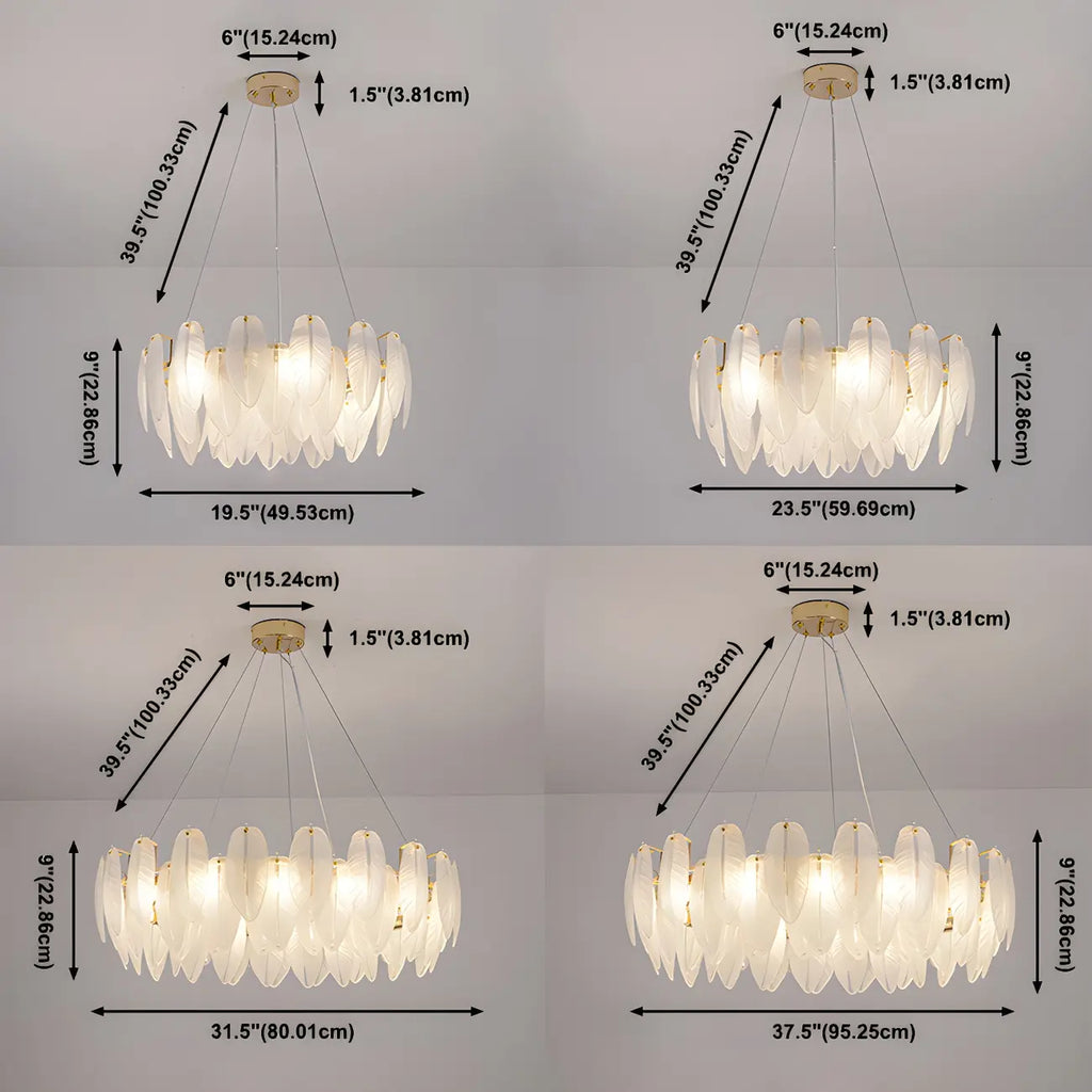 Lustre rond élégant en verre blanc et plumes