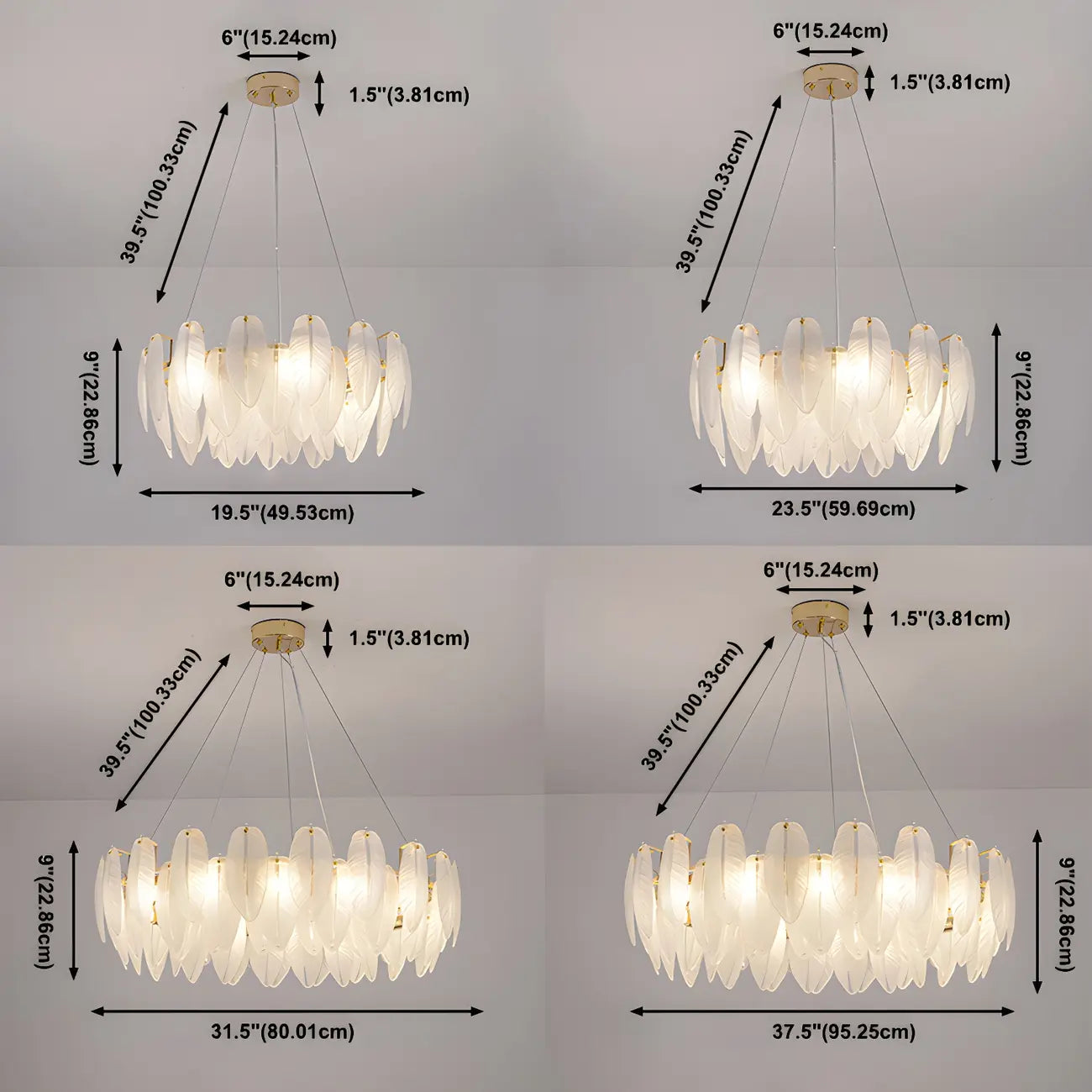 Lustre rond élégant en verre blanc et plumes