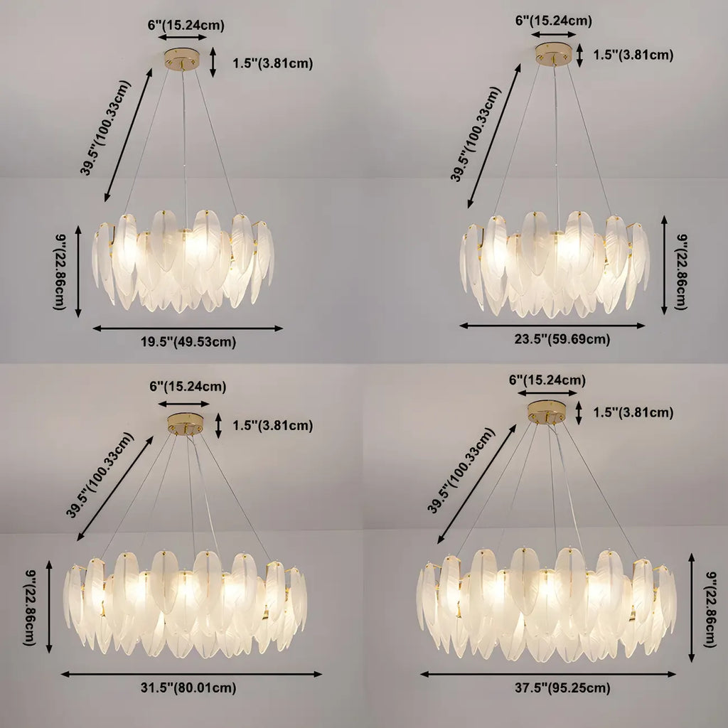 Lustre rond élégant en verre blanc et plumes