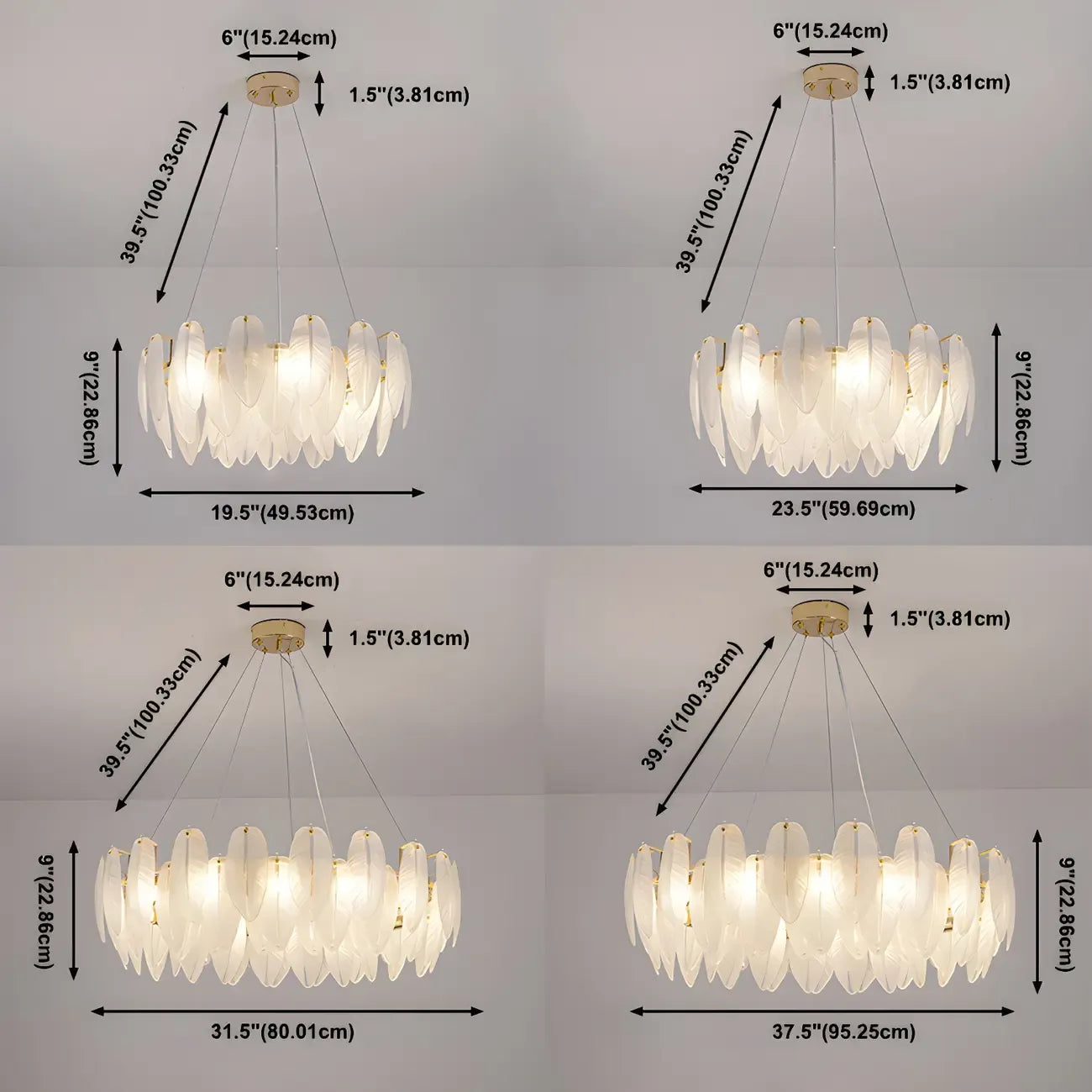 Lustre rond élégant en verre blanc et plumes