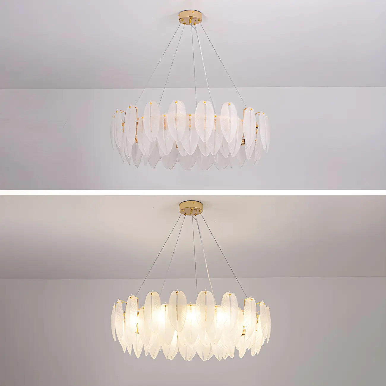 Lustre rond élégant en verre blanc et plumes