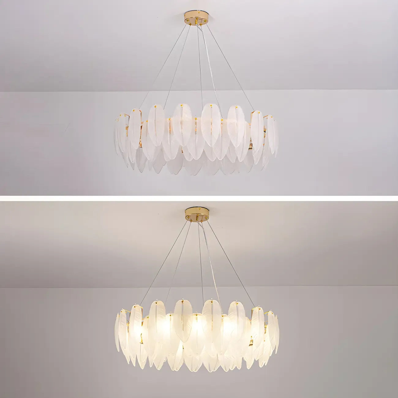 Lustre rond élégant en verre blanc et plumes