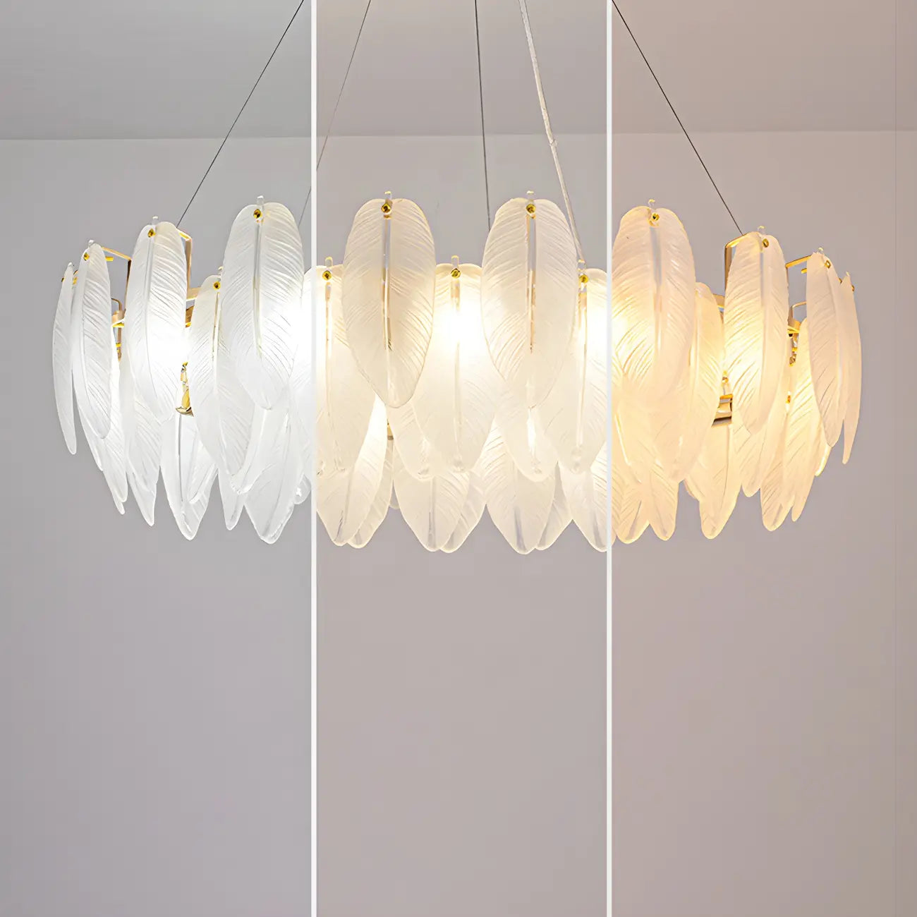 Lustre rond élégant en verre blanc et plumes