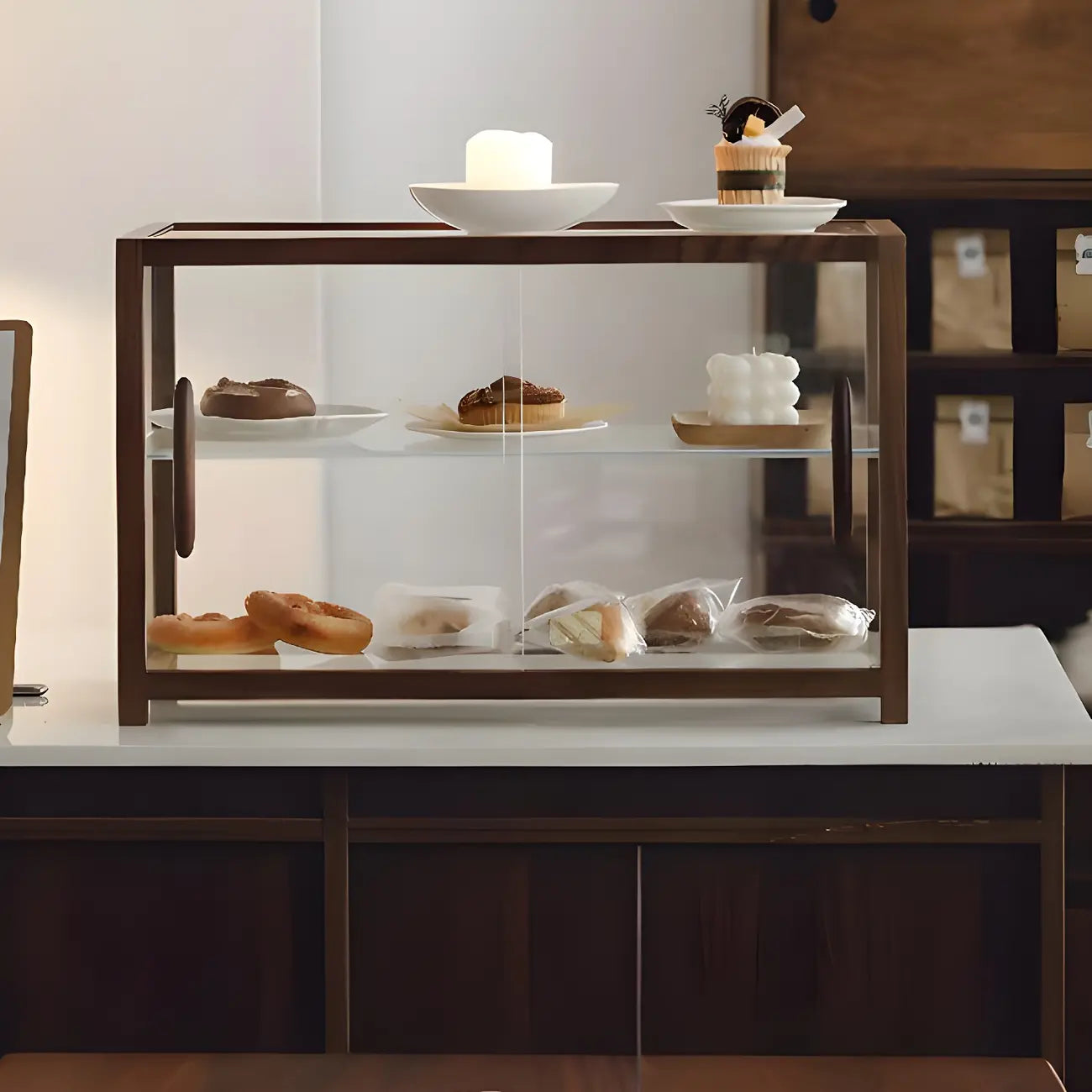 Élégante vitrine de table en bois avec portes coulissantes