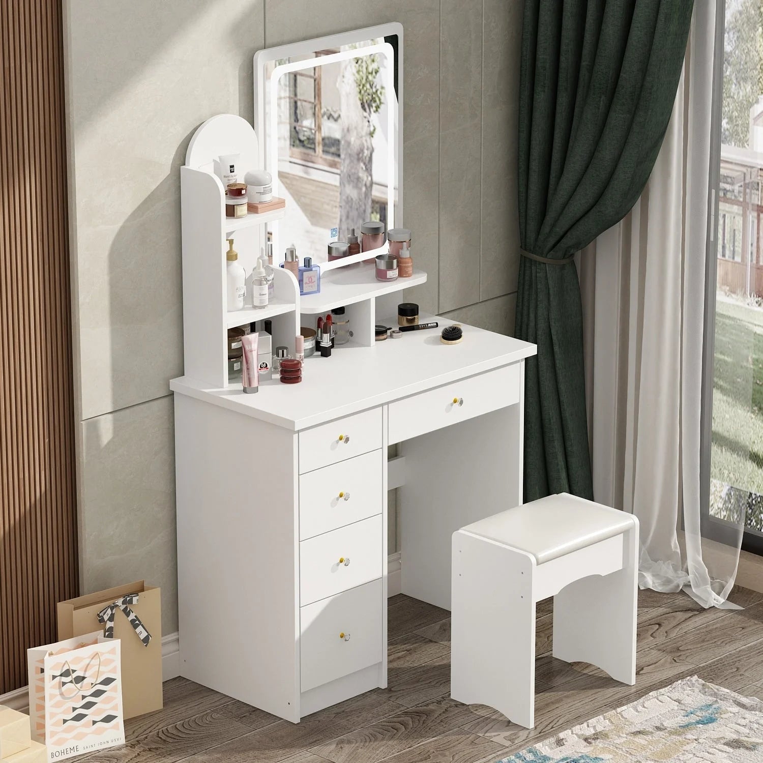 Ensemble coiffeuse avec lumière LED, miroir et tabouret
