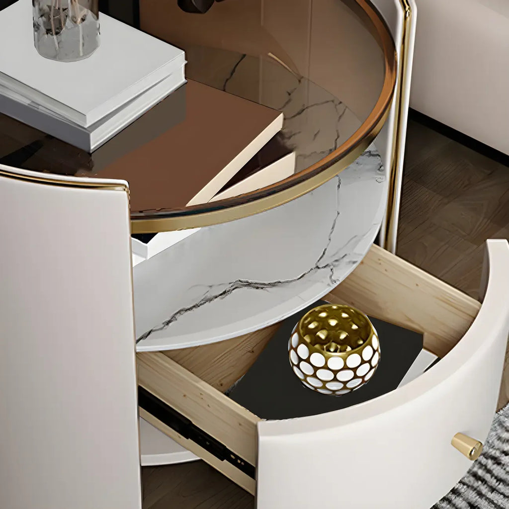 Table de chevet de luxe avec plateau en verre, tiroir de rangement et niche ouverte