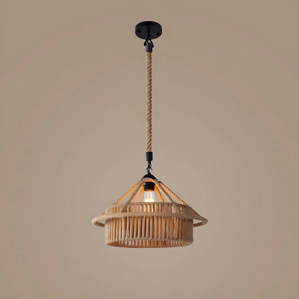 Suspension industrielle en rotin, métal noir et corde de chanvre