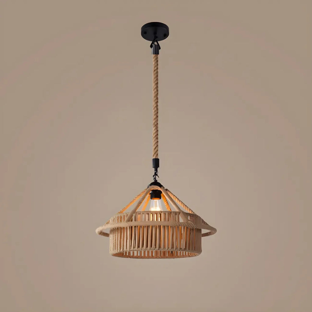 Suspension industrielle en rotin, métal noir et corde de chanvre