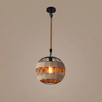 Suspension industrielle en rotin, métal noir et corde de chanvre