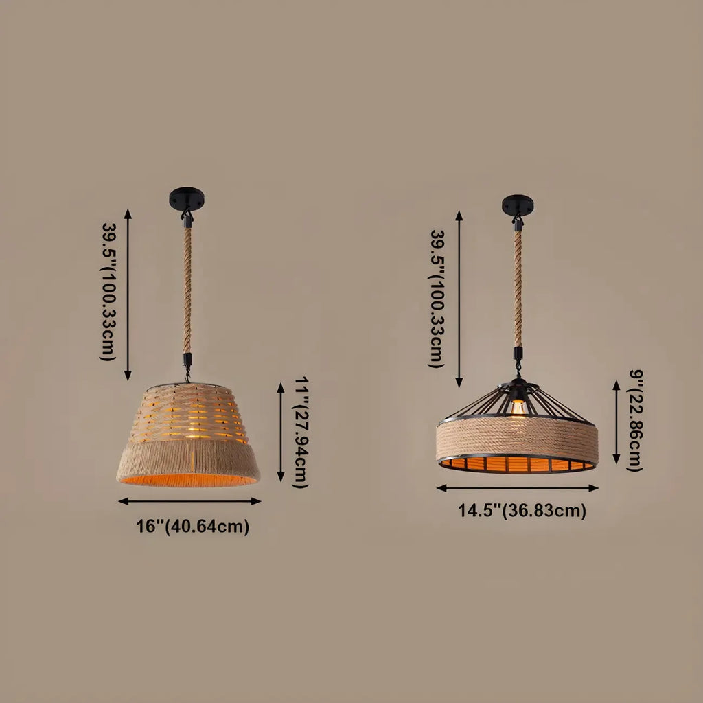 Suspension industrielle en rotin, métal noir et corde de chanvre