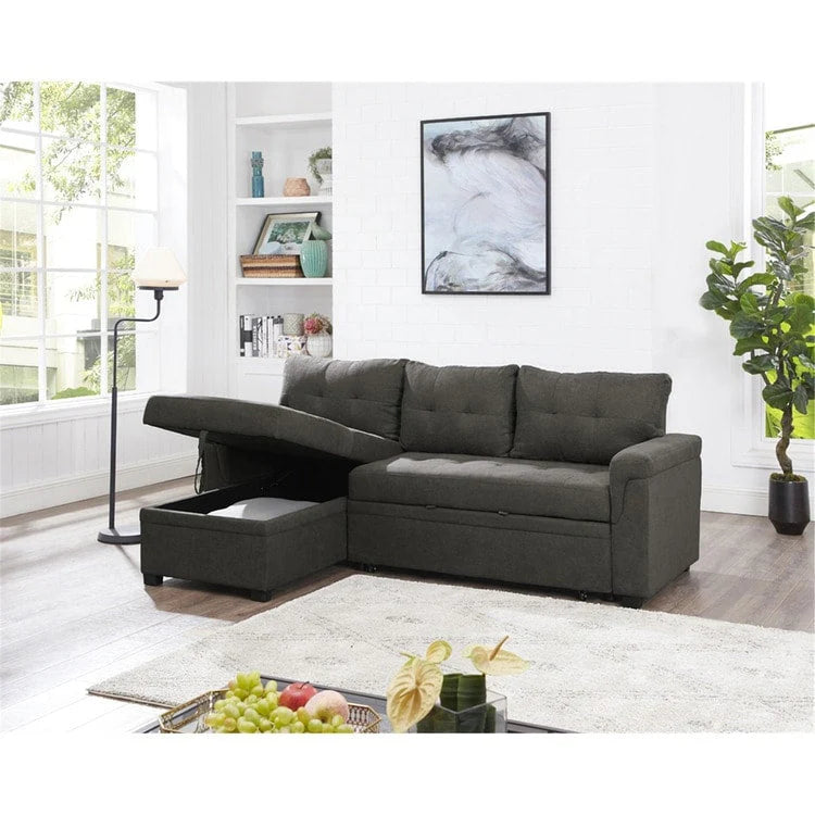 Canapé d'angle convertible et réversible avec lit gigogne, méridienne de rangement dissimulée et pieds robustes.